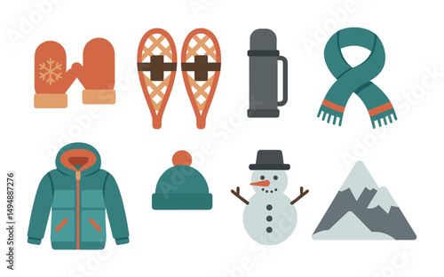Winter flat icons set – cozy, seasonal, cold weather symbols for holiday designs