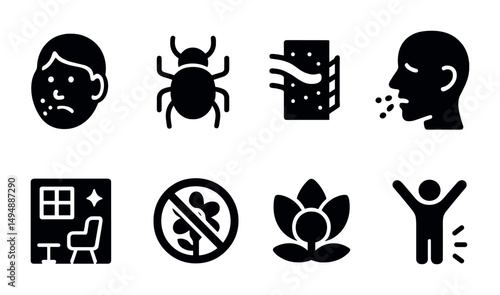 Allergy prevention solid icons set – filled, flat, and respiratory health symbols