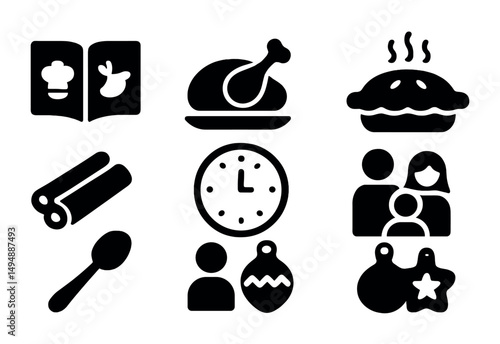 Food and family solid icons set – filled, cooking, home celebration symbols