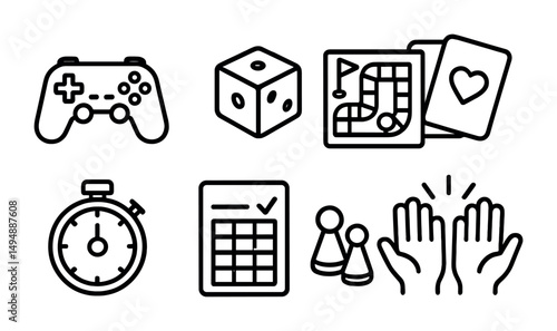 Board game outline icons set – strategy, leisure, gaming symbols collection