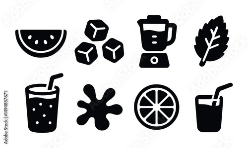 Smoothie ingredients solid icons set – filled, juice, blender and fruit symbols
