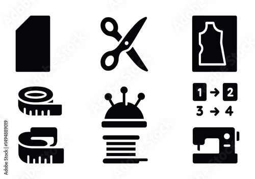 Sewing and tailoring solid icons set – flat, filled, crafting and design tools