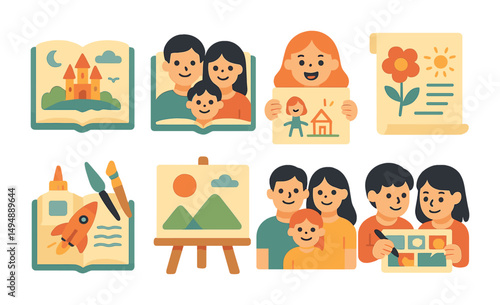 Family and education flat icons set – learning, school, relationship symbols