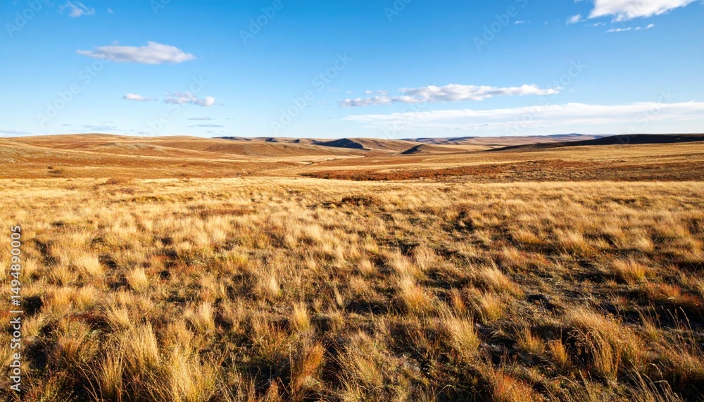 Fototapeta premium A view of a vast field with golden grass and clear blue sky.