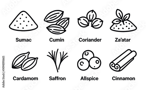 Spice and herb outline icons set – culinary, kitchen, seasoning essentials