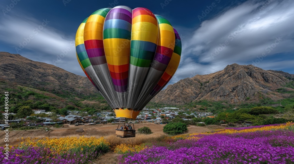 Fototapeta premium Hot air balloon over sunflower field
