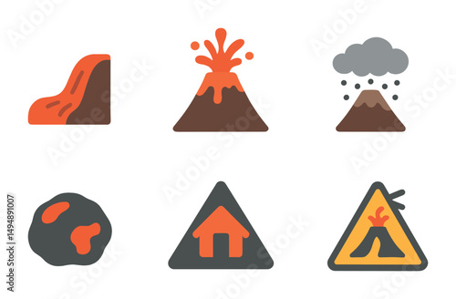 Natural disaster symbols featuring volcano and eruption icons for graphic design