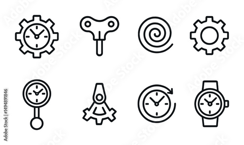 Clockwork and time outline icons set – linear, gears, mechanical symbols