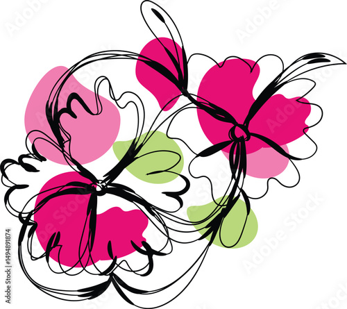 Abstract Pink and Green Floral Design with Black Line Art
