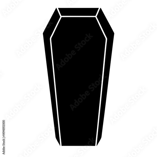 A striking and bold silhouette of a coffin against a stark white background