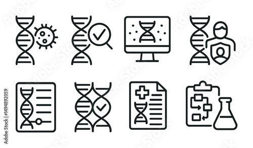 Dna and genetics outline icons set – lab, research, biology and science symbols