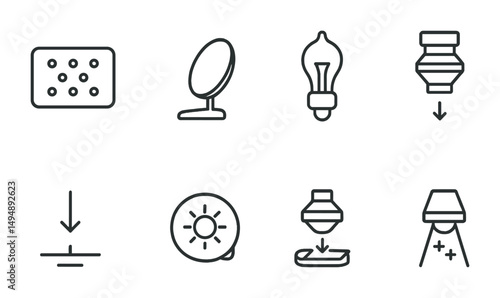 Linear icons of lighting, mirrors, and design elements for creative projects