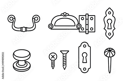 Antique furniture hardware outline icons set – vintage, linear, decorative fittings