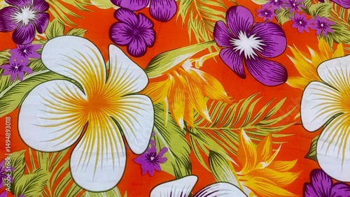 Tropical Floral Pattern Fabric in Pink, Red, and Blue on Black Background