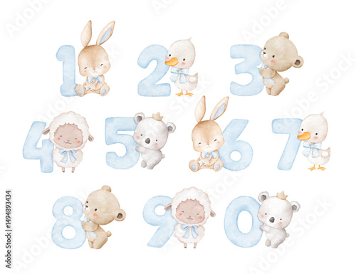 Photography Watercolor Illustration Set of Baby Animals and Numbers