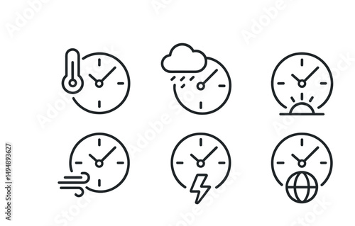 Weather and time outline icons set – linear, clock, climate visual elements