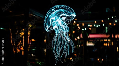 Glowing jellyfish night city bokeh background art
