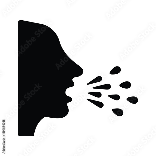 Black silhouette of a person coughing or sneezing spreading respiratory droplets