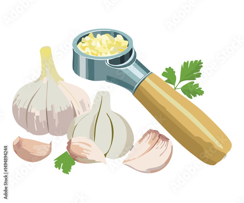 Garlic Peeler and Fresh Cloves - vector Illustration