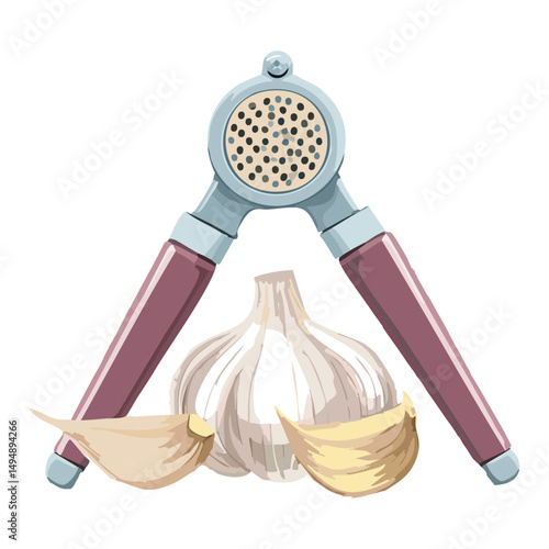 Handheld Garlic Press Kitchen Cooking Tool - Vector Illustration