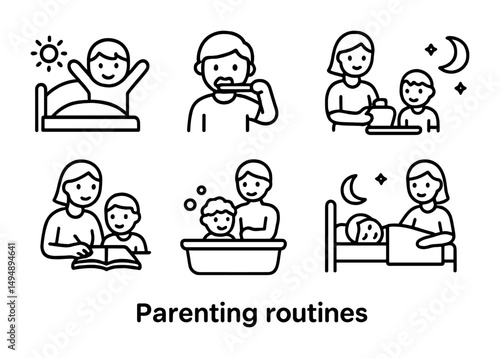 Parenting routines outline icons set – linear, family, daily activity symbols