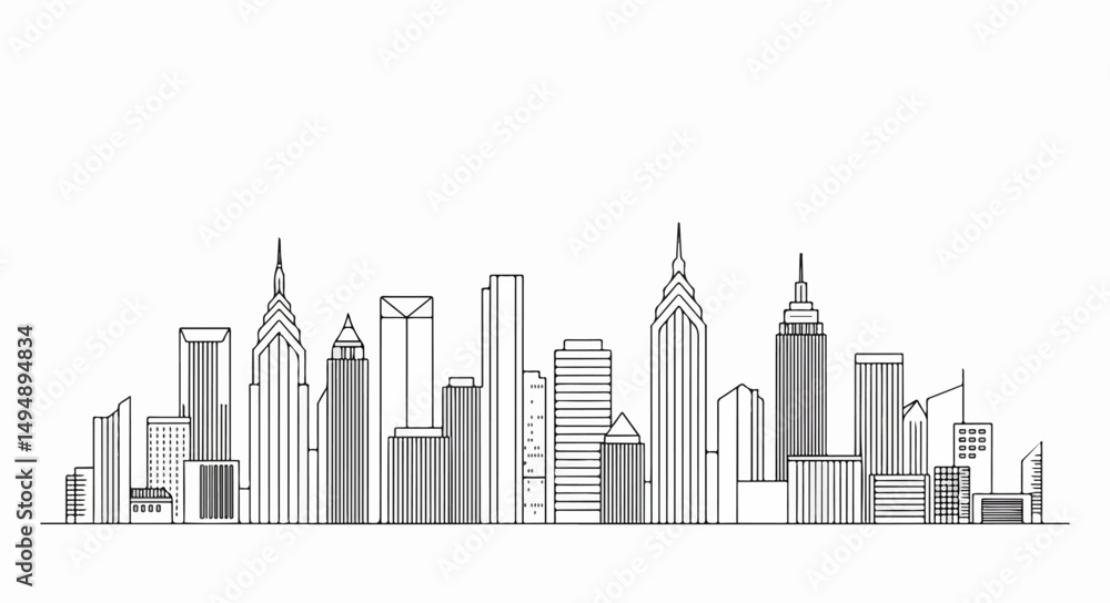 Naklejka premium Minimalist city skyline drawn in a clean linear style, representing modern architecture and urban life.
