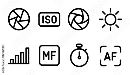 Photography outline icons set – linear, camera, shutter speed symbols