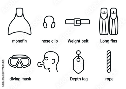 Diving equipment outline icons set – linear, silhouette, scuba and freediving gear symbols