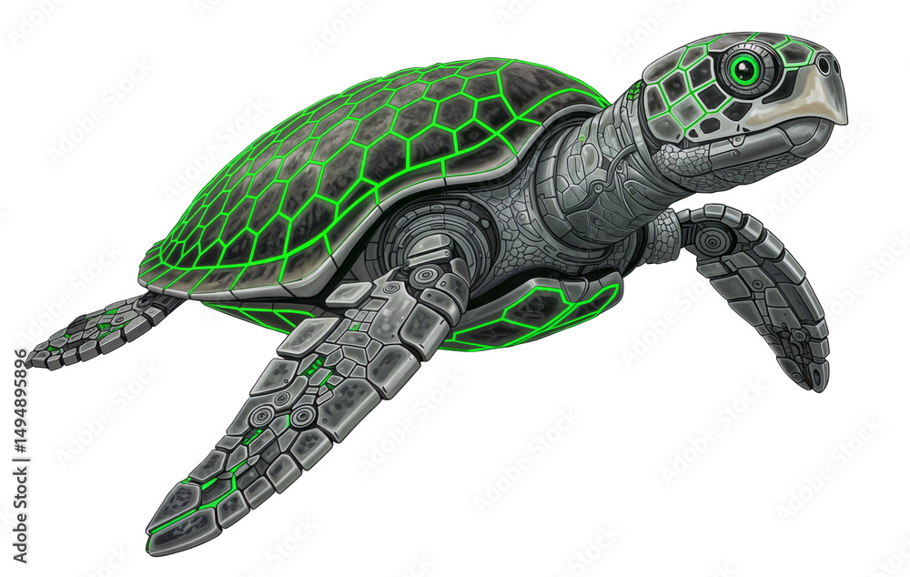 Fototapeta premium Enchanting Futuristic Sea Turtle with Golden Glow and Intricate Shell, isolated on a transparent background