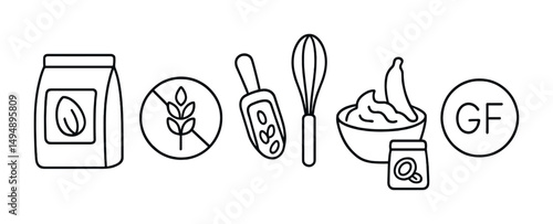 Gluten-free cooking icons set – outline, food preparation, dietary symbols
