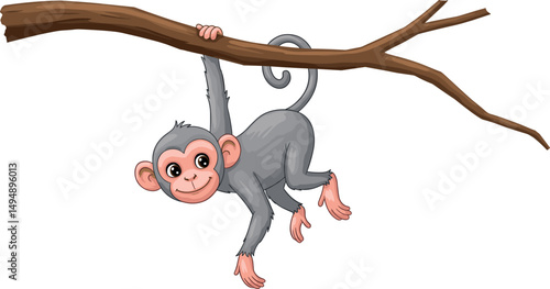 Adorable Cartoon Monkey Hanging from Tree Branch Chimpanzee