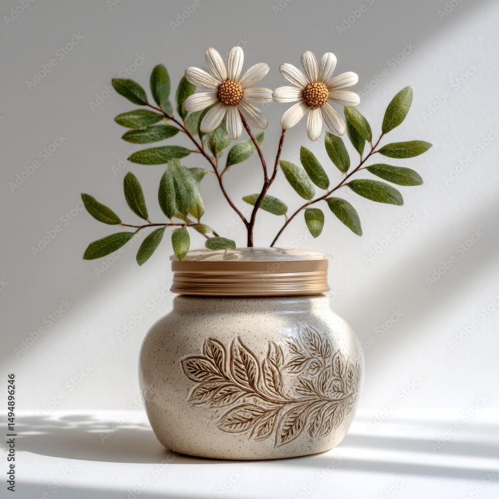 Off White Ceramic Vase with Gold Lid and White Daisy Floral Arrangement Off White Ceramic Vase with Gold Lid and White Daisy Floral Arrangement