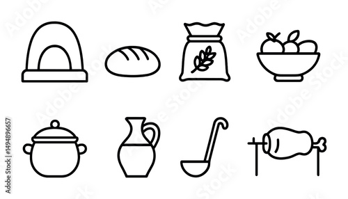 Cooking and baking outline icons set - flat, linear, kitchen utensil symbols