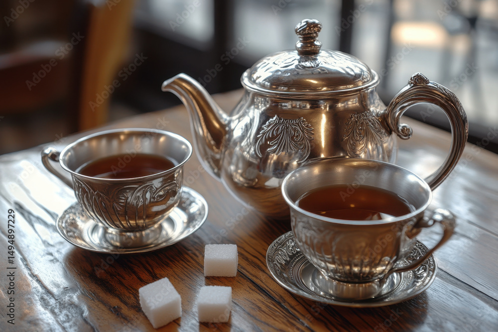 Silver teapot and cups on table. Silver teapot and cups on table.