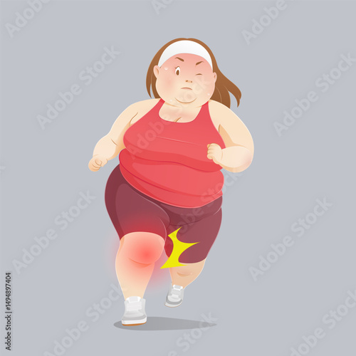 This illustration depicts an obese woman experiencing knee joint pain as a result of excessive running, which represents an overexertion in her exercise routine.