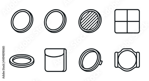 Photography equipment outline icons set – linear, camera, lens symbols