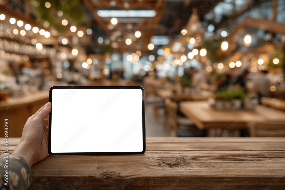 A woman holding a tablet computer with a blank white screen, situated on a wooden table in a cafe setting. A woman holding a tablet computer with a blank white screen, situated on a wooden table in a cafe setting.