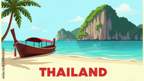 Vector illustration of a tropical beach in Thailand with a traditional long-tail boat on the sand, turquoise sea, and limestone cliffs in the background, under a bright blue sky with fluffy clouds