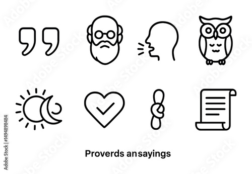 Proverbs and sayings outline icons set – linear, illustrative wisdom and quotes