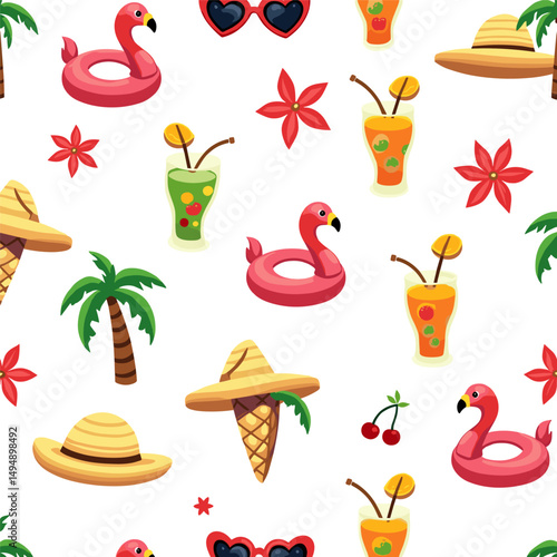 Seamless summer pattern featuring inflatable flamingos, tropical drinks, palm trees, sun hats, red flowers, and cherries