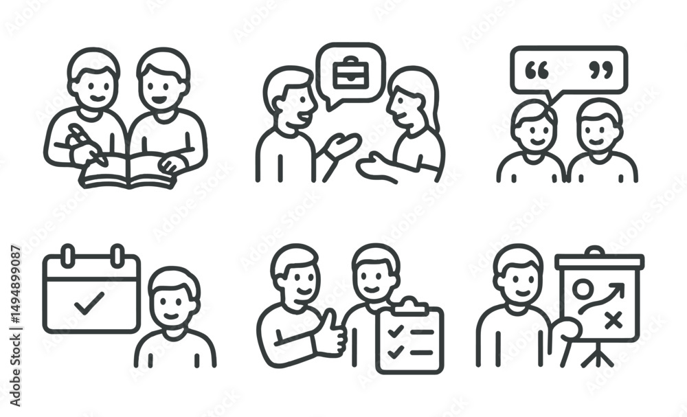 Communication and collaboration icons set – outline, linear, teamwork symbols Communication and collaboration icons set – outline, linear, teamwork symbols