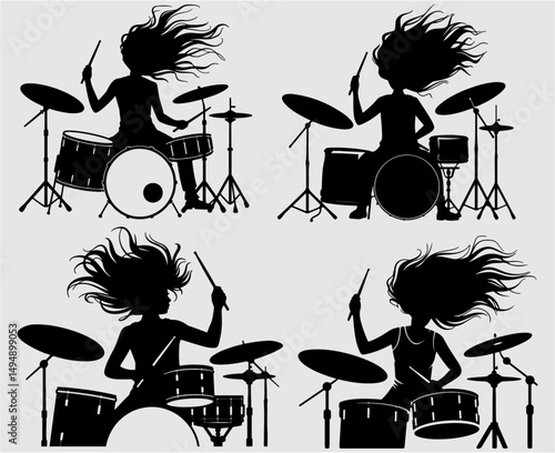 A drummer musician drumming drums silhouette 