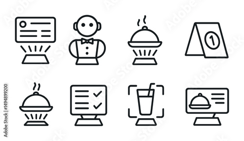 Restaurant and dining linear icons set – outline, food service, and meal symbols