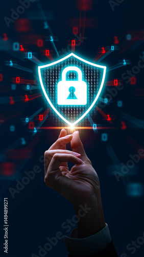 Cyber Security Concept: Human hand interacting with a glowing digital shield and padlock icon on a futuristic binary code background, symbolizing data protection, network security, and internet.