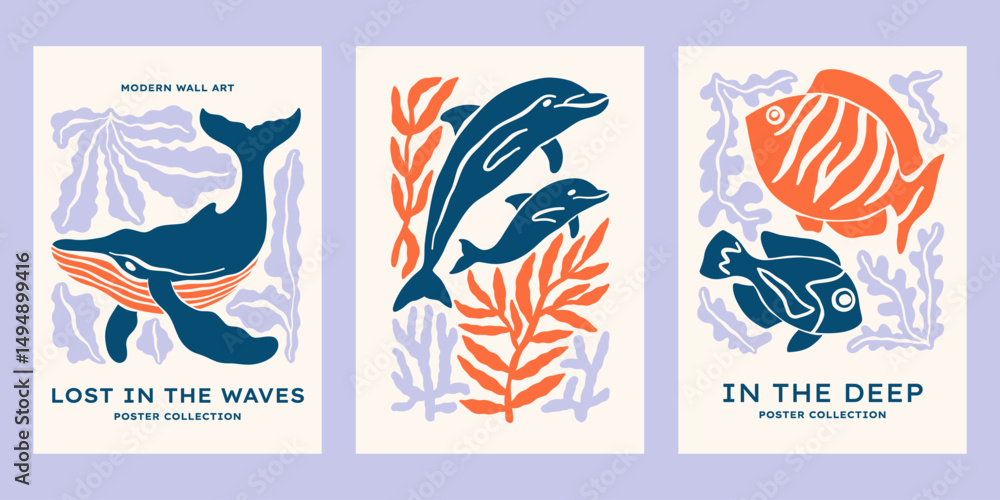 Underwater ocean animals vector posters set. Minimalist retro sea print designs with fishes, whale, dolphins, seaweeds, corals illustrations