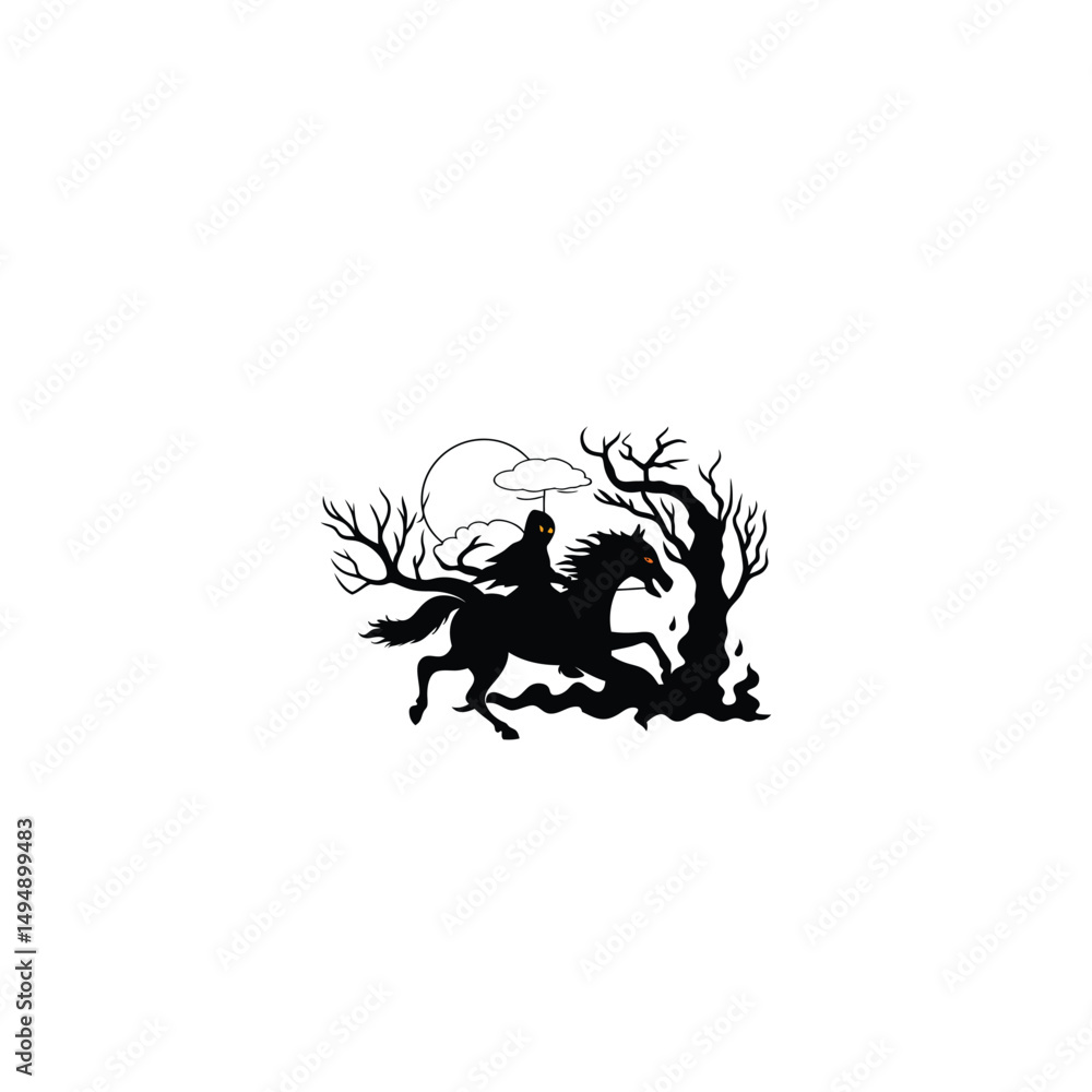 Fototapeta premium a ghost rider riding a powerful, flaming horse silhouette on white background