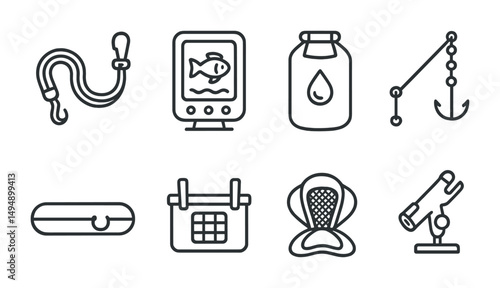 Fishing equipment outline icons set – silhouette, line, fishing gear symbols
