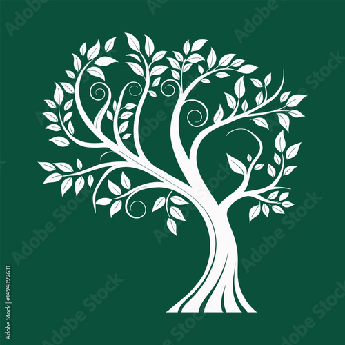 White Silhouette Tree Vector on Green Background