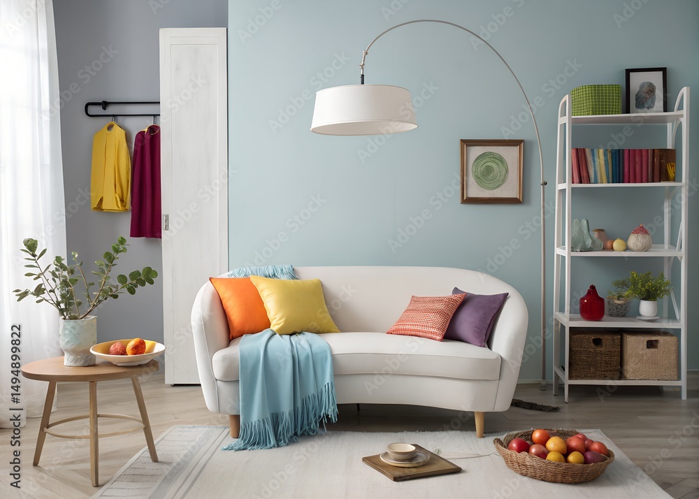 Fototapeta premium Colorful Modern Living Room with Blue Walls and White Sofa