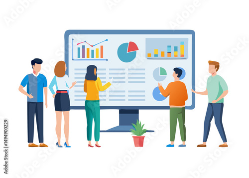 Business Data Analytics Concept. Vector illustration in flat style of a large monitor with tabs displaying graphs, chats, and a group of people looking at them